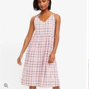 Ann Taylor LOFT Woman’s Strappy Button Midi Dress in Pink Plaid Sz 2